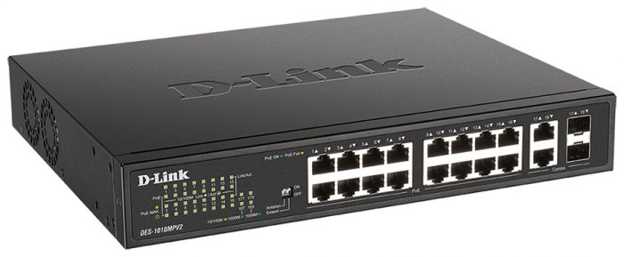 D-link DES-1018MPV2 Неуправляемый коммутатор с 16 портами 2 комбо-портами 100/1000Base-T/SF