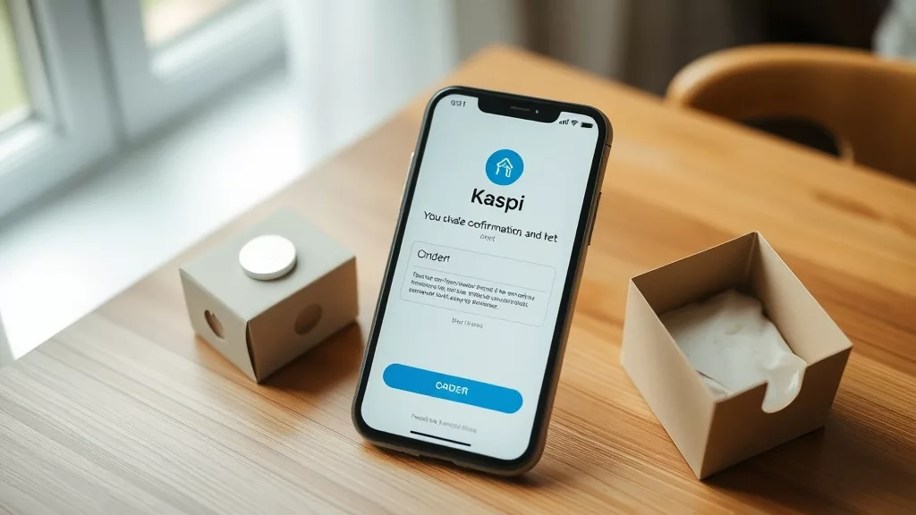 Смартфон с приложением Kaspi и товар от 2buy.kz на столе