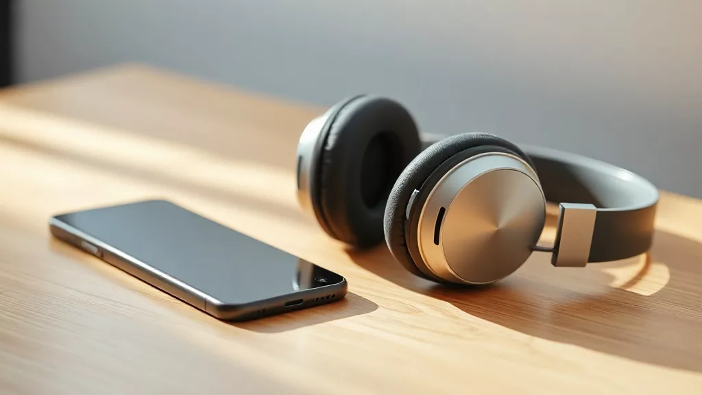 Беспроводные накладные наушники на столе рядом со смартфоном