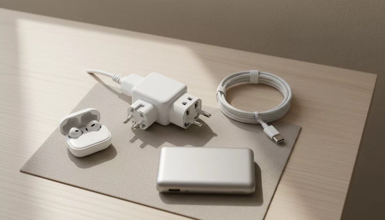 Переходник, зарядный кабель, power bank и наушники на столе для путешествий